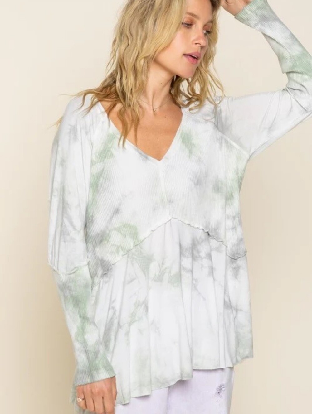 POL ○ Ribbed V-Neck Top in Light Sage